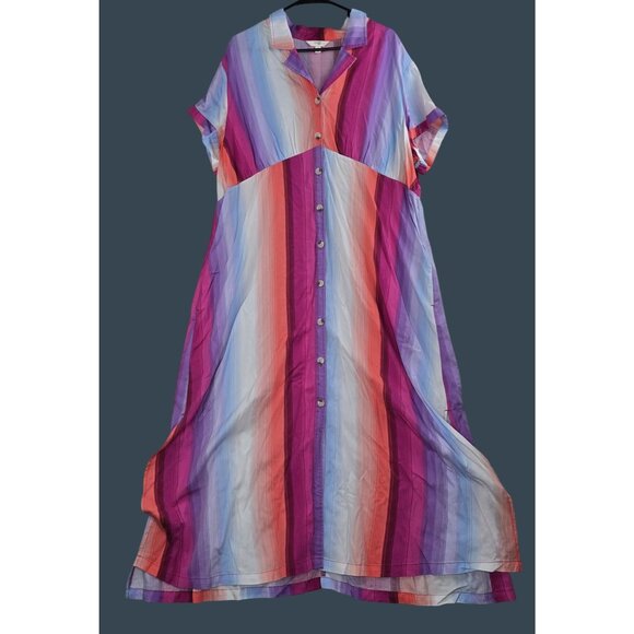 Rainbow Striped Button-Up Maxi Dress With Pockets 1XL - Picture 1 of 8